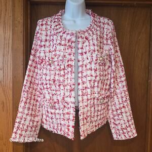 Euc‎ Nanette Lepore, pink and white open front cardigan blazer, sz 12